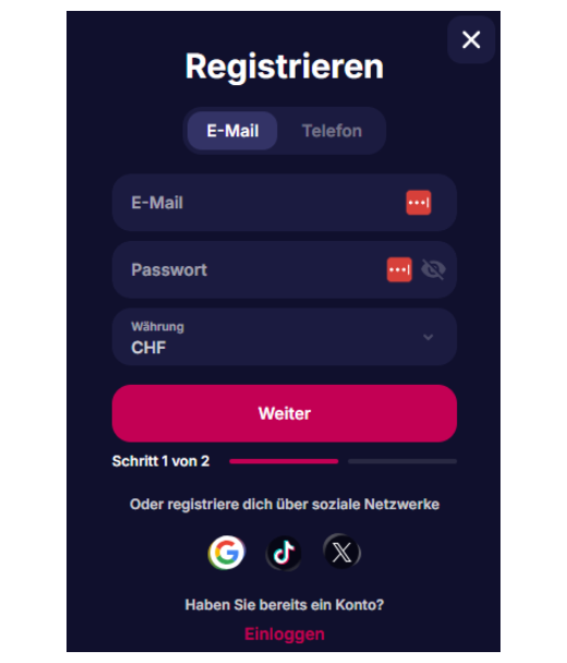 Registrierung bei NV Casino
